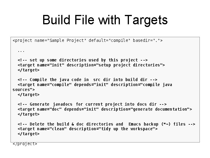 Build File with Targets <project name="Sample Project" default="compile" basedir=". ">. . . <!-- set