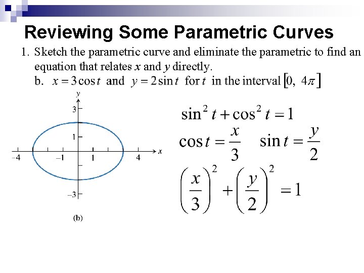 Reviewing Some Parametric Curves 1. Sketch the parametric curve and eliminate the parametric to