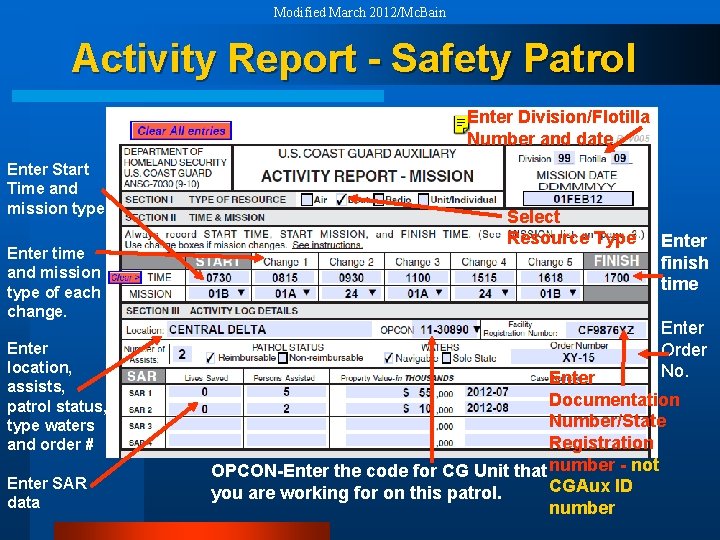 Modified March 2012/Mc. Bain Activity Report - Safety Patrol Enter Division/Flotilla Number and date