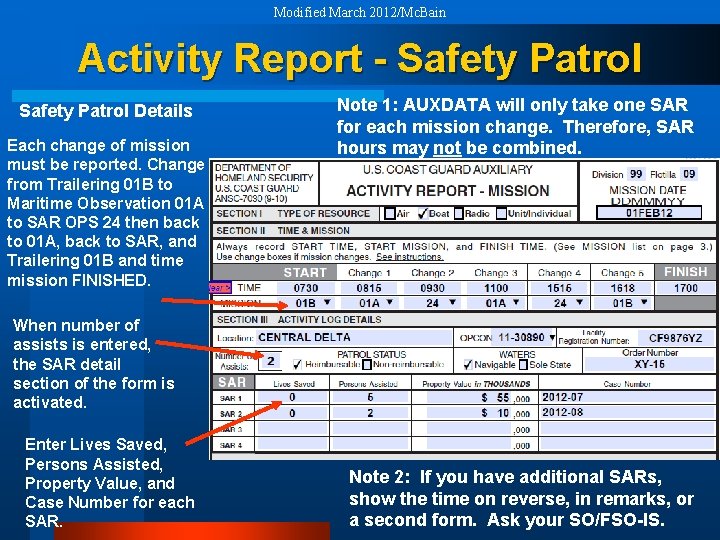 Modified March 2012/Mc. Bain Activity Report - Safety Patrol Details Each change of mission