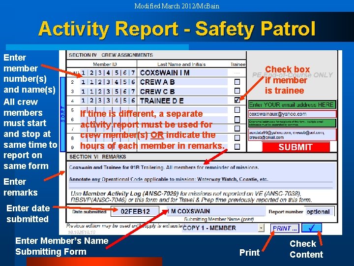 Modified March 2012/Mc. Bain Activity Report - Safety Patrol Enter member number(s) and name(s)