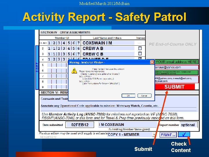 Modified March 2012/Mc. Bain Activity Report - Safety Patrol Submit Check Content 