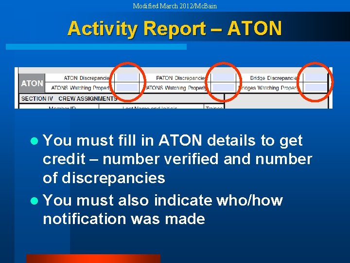 Modified March 2012/Mc. Bain Activity Report – ATON l You must fill in ATON