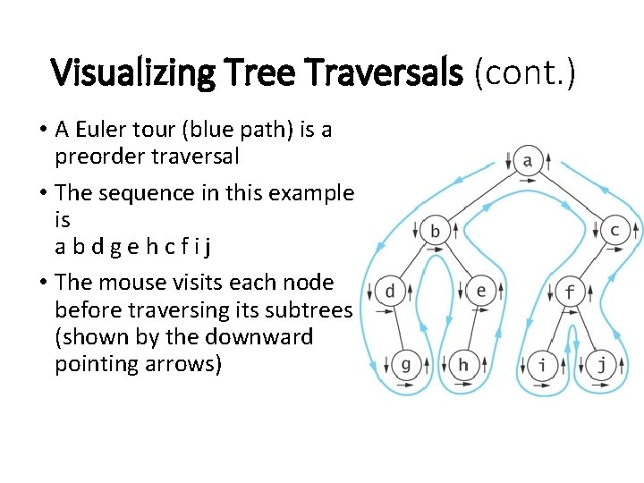 Visualizing Tree Traversals (cont. ) • A Euler tour (blue path) is a preorder