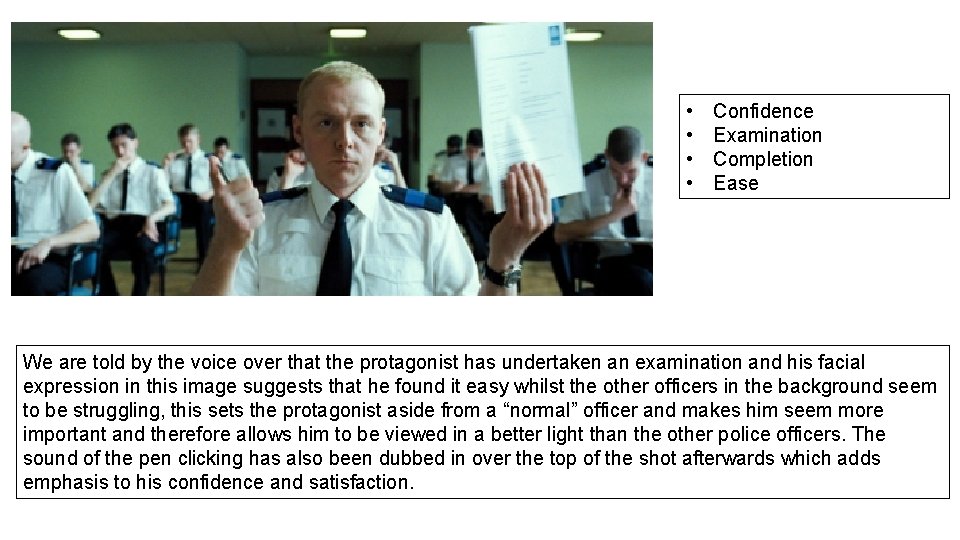 • • Confidence Examination Completion Ease We are told by the voice over • • Confidence Examination Completion Ease We are told by the voice over