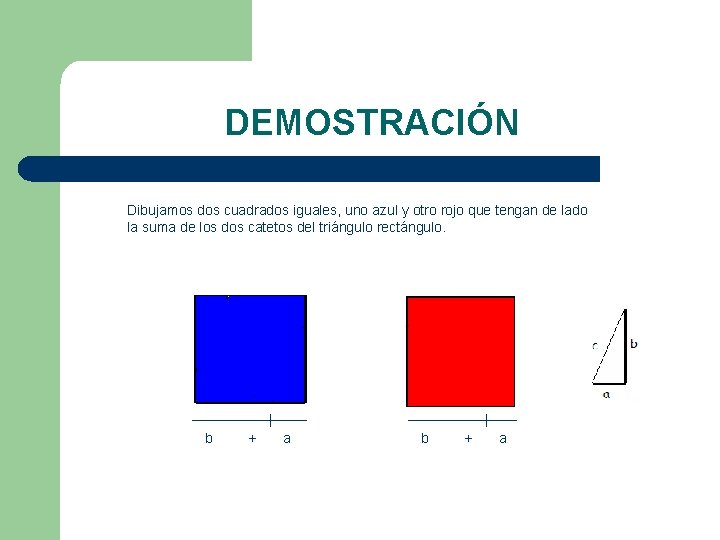 DEMOSTRACIÓN Dibujamos dos cuadrados iguales, uno azul y otro rojo que tengan de lado