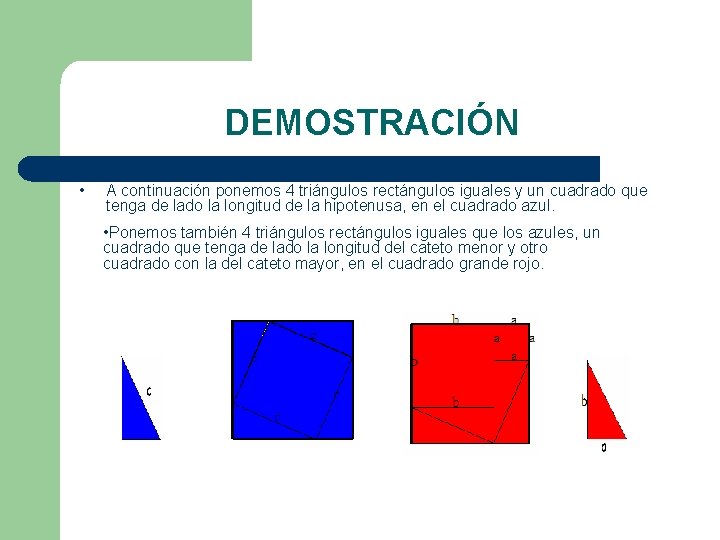 DEMOSTRACIÓN • A continuación ponemos 4 triángulos rectángulos iguales y un cuadrado que tenga