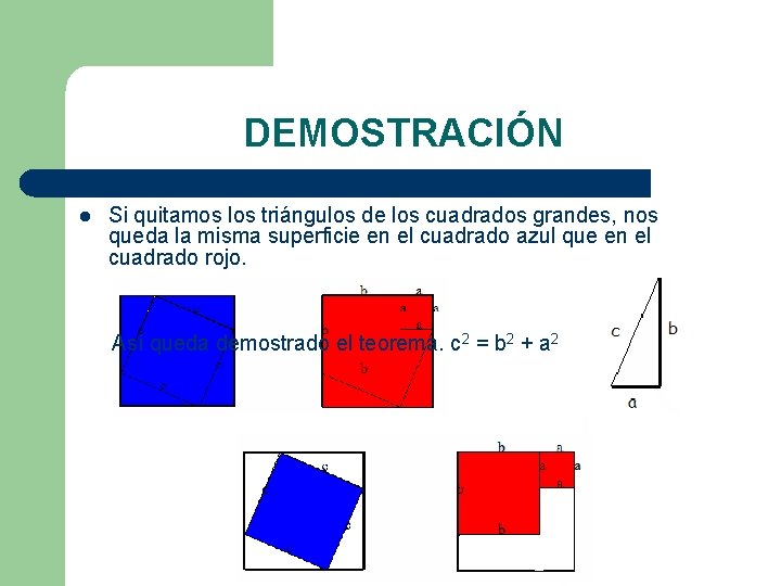 DEMOSTRACIÓN l Si quitamos los triángulos de los cuadrados grandes, nos queda la misma
