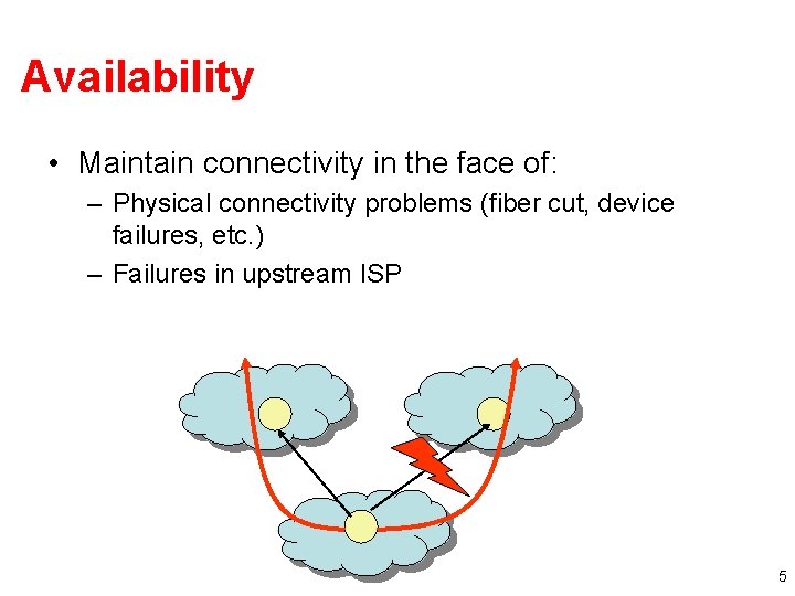 Availability • Maintain connectivity in the face of: – Physical connectivity problems (fiber cut,