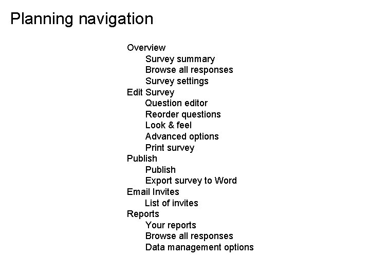 Planning navigation Overview Survey summary Browse all responses Survey settings Edit Survey Question editor