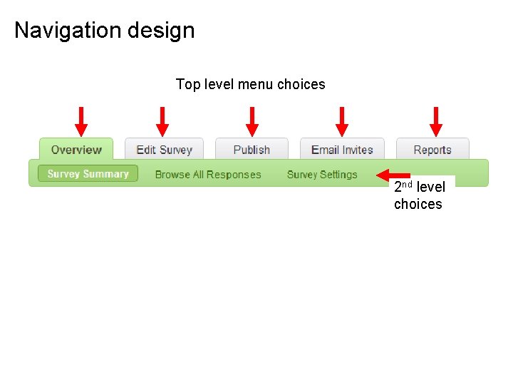 Navigation design Top level menu choices 2 nd level choices 