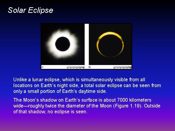 Solar Eclipse Unlike a lunar eclipse, which is simultaneously visible from all locations on