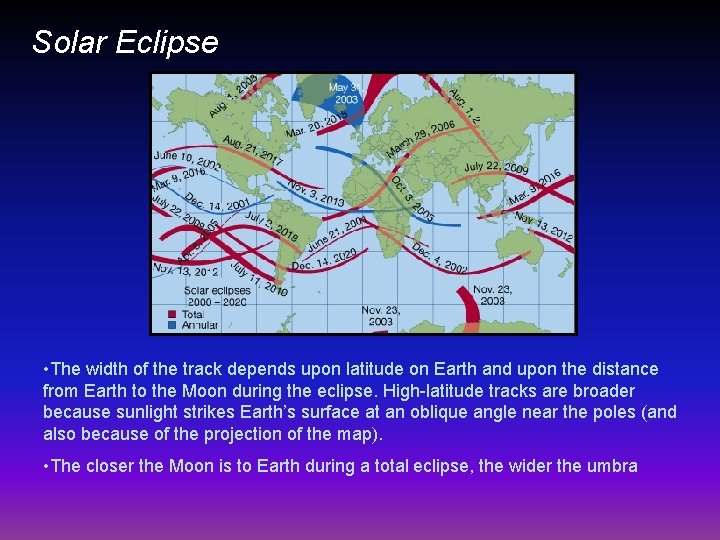 Solar Eclipse • The width of the track depends upon latitude on Earth and