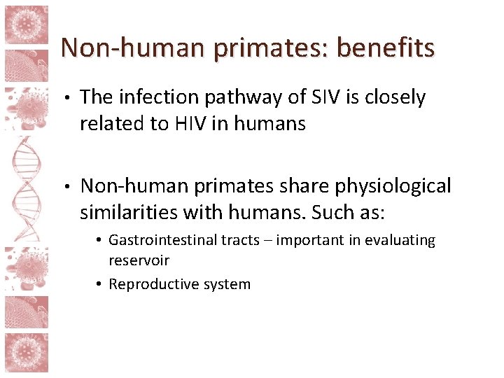 Non-human primates: benefits • The infection pathway of SIV is closely related to HIV