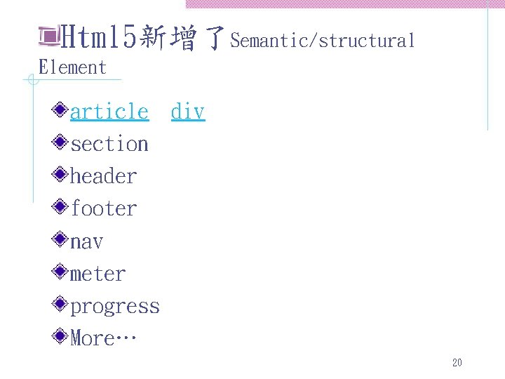 Html 5新增了Semantic/structural Element article div section header footer nav meter progress More… 20 