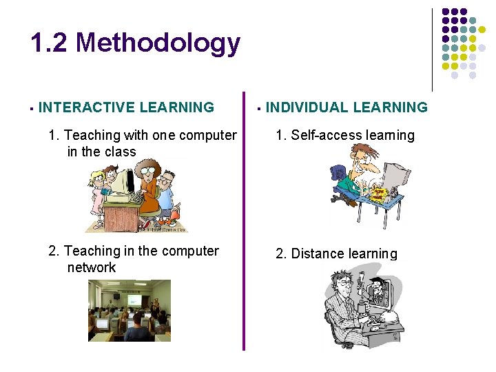 1. 2 Methodology § INTERACTIVE LEARNING § INDIVIDUAL LEARNING 1. Teaching with one computer 1. 2 Methodology § INTERACTIVE LEARNING § INDIVIDUAL LEARNING 1. Teaching with one computer