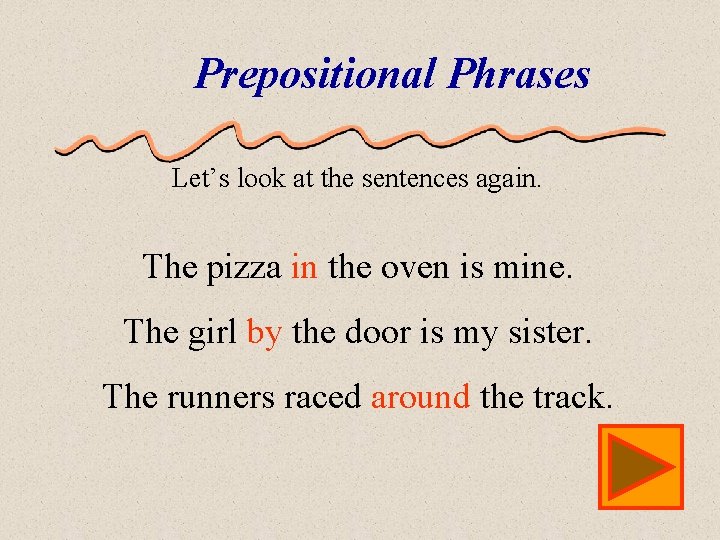 Prepositional Phrases Let’s look at the sentences again. The pizza in the oven is