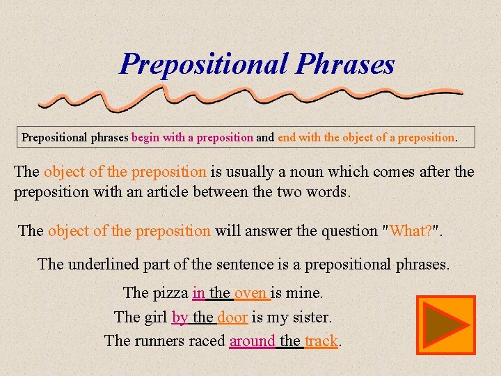 Prepositional Phrases Prepositional phrases begin with a preposition and end with the object of