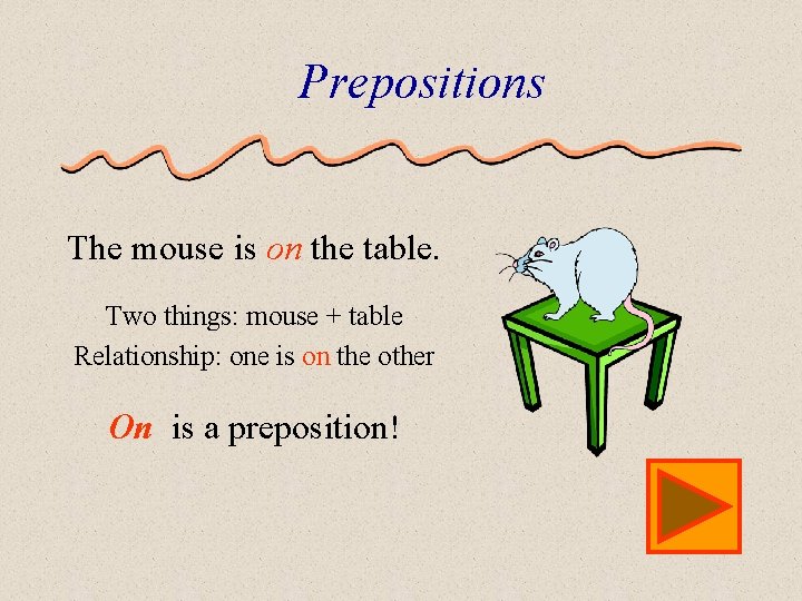 Prepositions The mouse is on the table. Two things: mouse + table Relationship: one