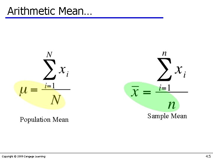Arithmetic Mean… Population Mean Copyright © 2009 Cengage Learning Sample Mean 4. 5 