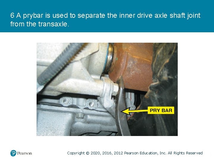 6 A prybar is used to separate the inner drive axle shaft joint from