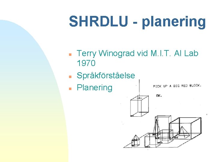 SHRDLU - planering n n n Terry Winograd vid M. I. T. AI Lab