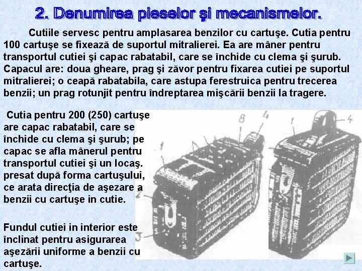 Cutiile servesc pentru amplasarea benzilor cu cartuşe. Cutia pentru 100 cartuşe se fixează de