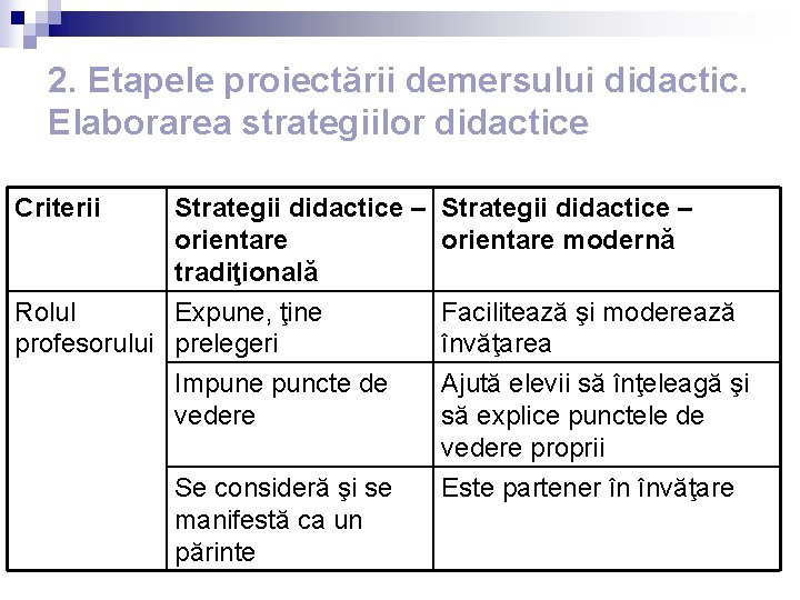 2. Etapele proiectării demersului didactic. Elaborarea strategiilor didactice Criterii Strategii didactice – orientare tradiţională