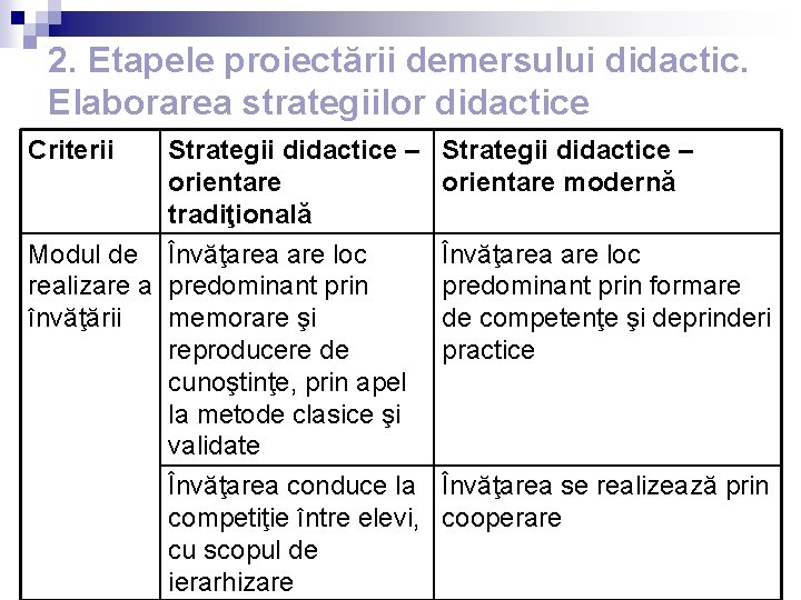 2. Etapele proiectării demersului didactic. Elaborarea strategiilor didactice Criterii Strategii didactice – orientare tradiţională
