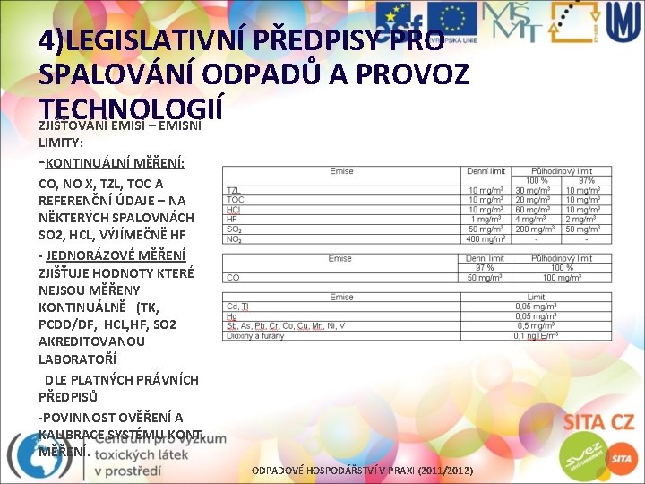 4)LEGISLATIVNÍ PŘEDPISY PRO SPALOVÁNÍ ODPADŮ A PROVOZ TECHNOLOGIÍ ZJIŠŤOVÁNÍ EMISÍ – EMISNÍ LIMITY: -KONTINUÁLNÍ