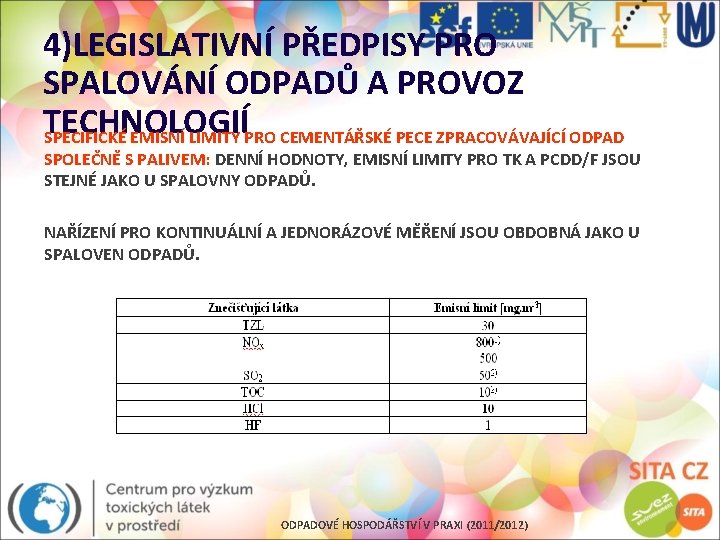 4)LEGISLATIVNÍ PŘEDPISY PRO SPALOVÁNÍ ODPADŮ A PROVOZ TECHNOLOGIÍ SPECIFICKÉ EMISNÍ LIMITY PRO CEMENTÁŘSKÉ PECE