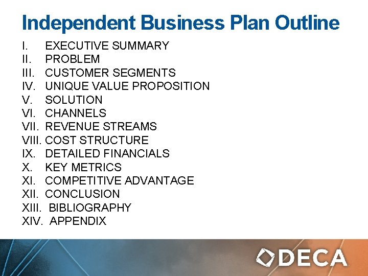Independent Business Plan Outline I. EXECUTIVE SUMMARY II. PROBLEM III. CUSTOMER SEGMENTS IV. UNIQUE