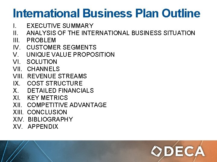 International Business Plan Outline I. EXECUTIVE SUMMARY II. ANALYSIS OF THE INTERNATIONAL BUSINESS SITUATION
