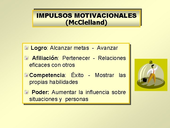 IMPULSOS MOTIVACIONALES (Mc. Clelland) Logro: Alcanzar metas - Avanzar Afiliación: Pertenecer - Relaciones eficaces