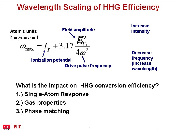 Wavelength Scaling of HHG Efficiency Atomic units Field amplitude Ionization potential Drive pulse frequency