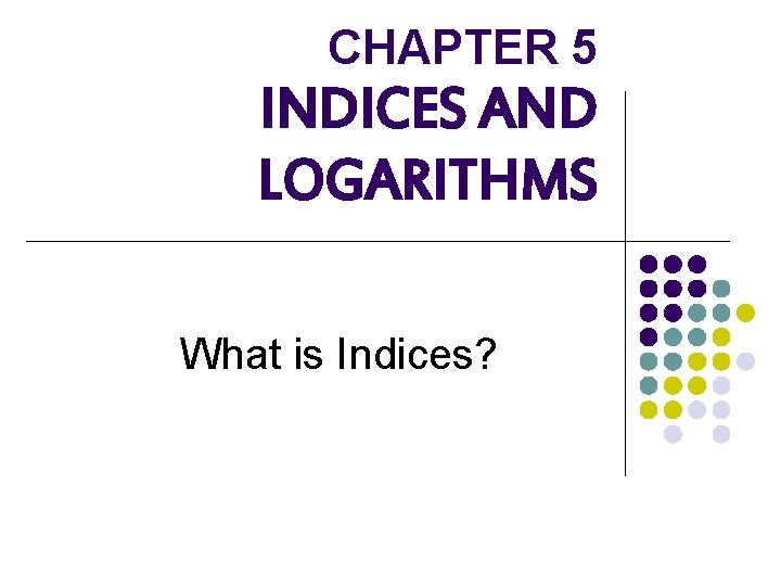 CHAPTER 5 INDICES AND LOGARITHMS What is Indices? 