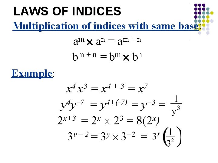 LAWS OF INDICES Multiplication of indices with same base: am an = a m