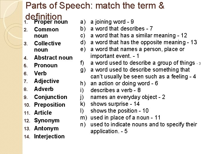 Parts of Speech: match the term & definition 1. Proper noun a) a joining