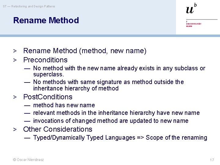 ST — Refactoring and Design Patterns Rename Method > Rename Method (method, new name)