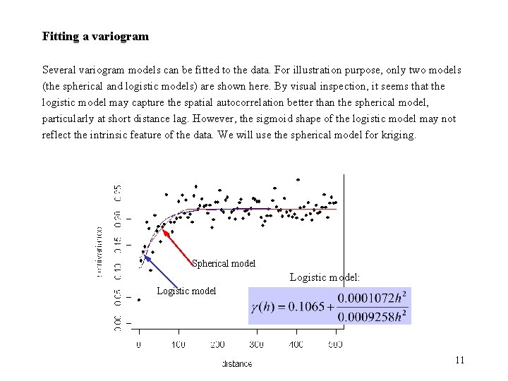 Fitting a variogram Several variogram models can be fitted to the data. For illustration