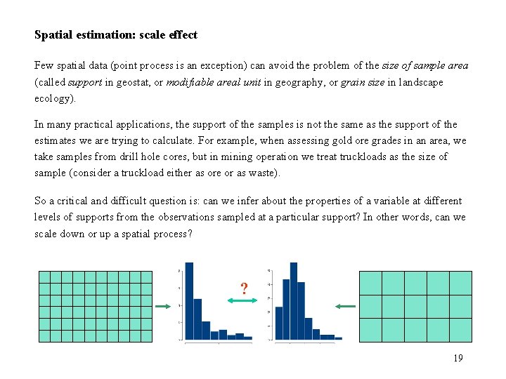  Spatial estimation: scale effect Few spatial data (point process is an exception) can