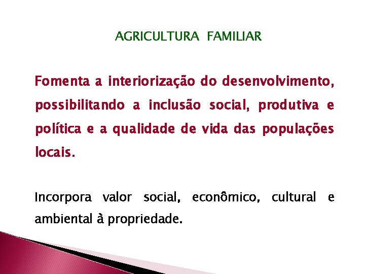 AGRICULTURA FAMILIAR Fomenta a interiorização do desenvolvimento, possibilitando a inclusão social, produtiva e política