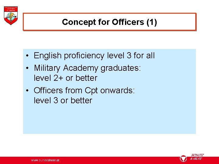 Concept for Officers (1) • English proficiency level 3 for all • Military Academy