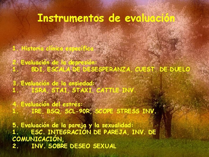 Instrumentos de evaluación 1. Historia clínica específica 2. Evaluación de la depresión: 1. BDI,