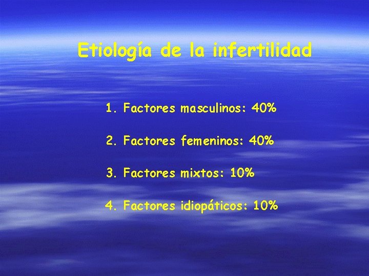 Etiología de la infertilidad 1. Factores masculinos: 40% 2. Factores femeninos: 40% 3. Factores