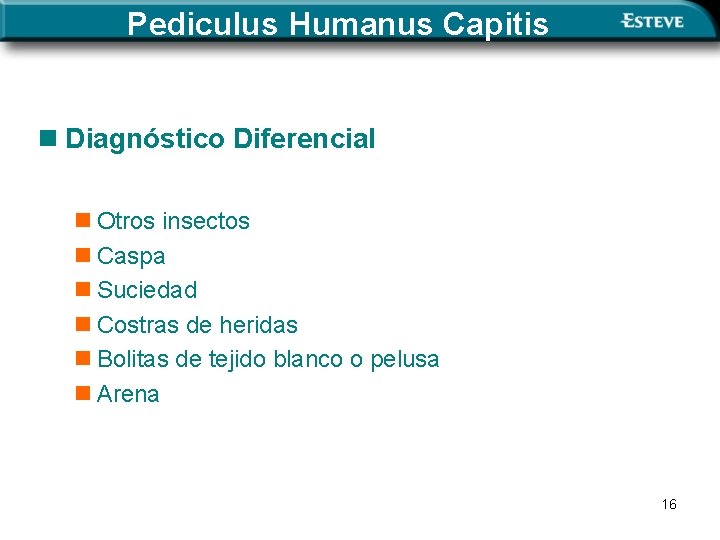 Pediculus Humanus Capitis n Diagnóstico Diferencial n Otros insectos n Caspa n Suciedad n