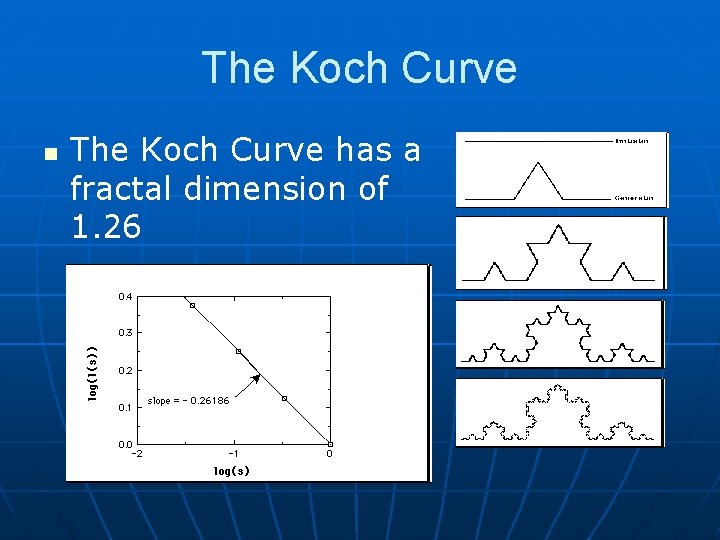 The Koch Curve n The Koch Curve has a fractal dimension of 1. 26