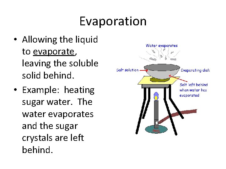 Evaporation • Allowing the liquid to evaporate, leaving the soluble solid behind. • Example: