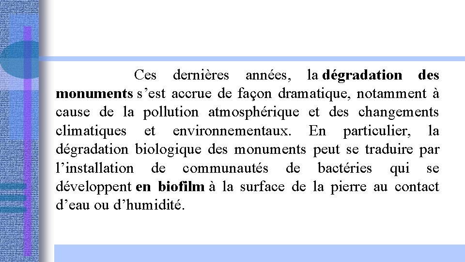  Ces dernières années, la dégradation des monuments s’est accrue de façon dramatique, notamment