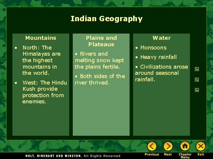 Indian Geography Mountains • North: The Himalayas are the highest mountains in the world.